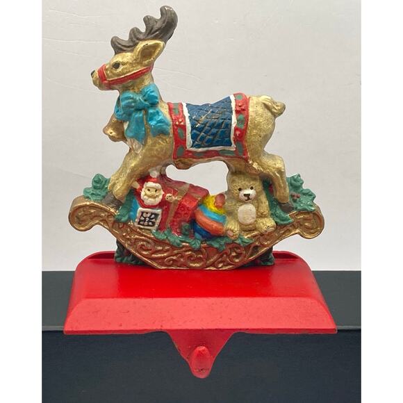 Vintage Midwest Reindeer Slay Presents Stocking Holder Cast Iron Santa Christmas - Picture 1 of 6